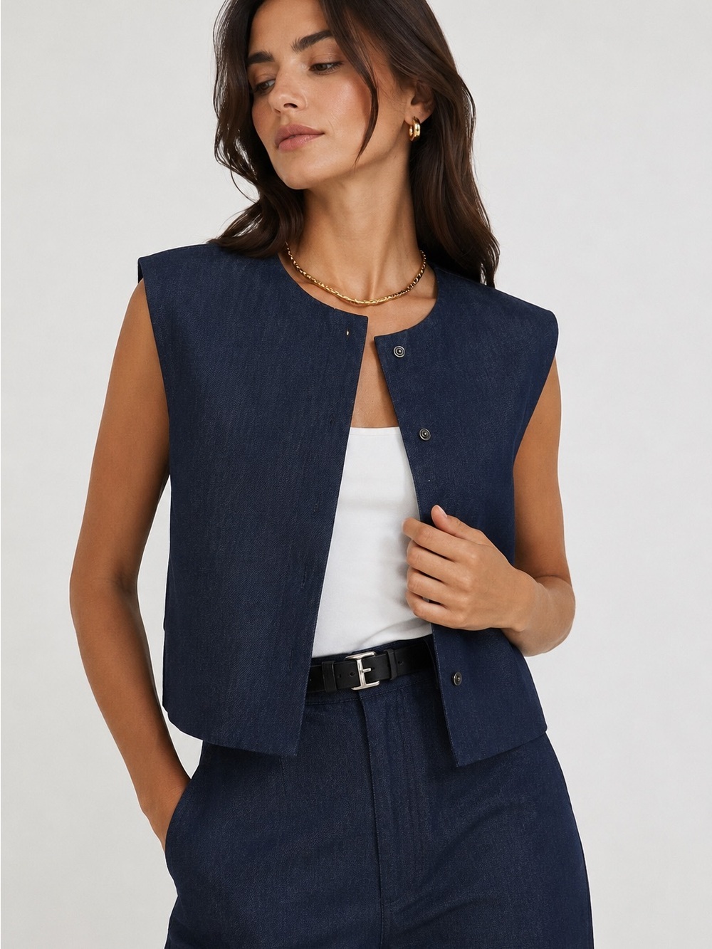 Zara NWT Structured Sleeveless Denim Look Snap Front Vest Top XS